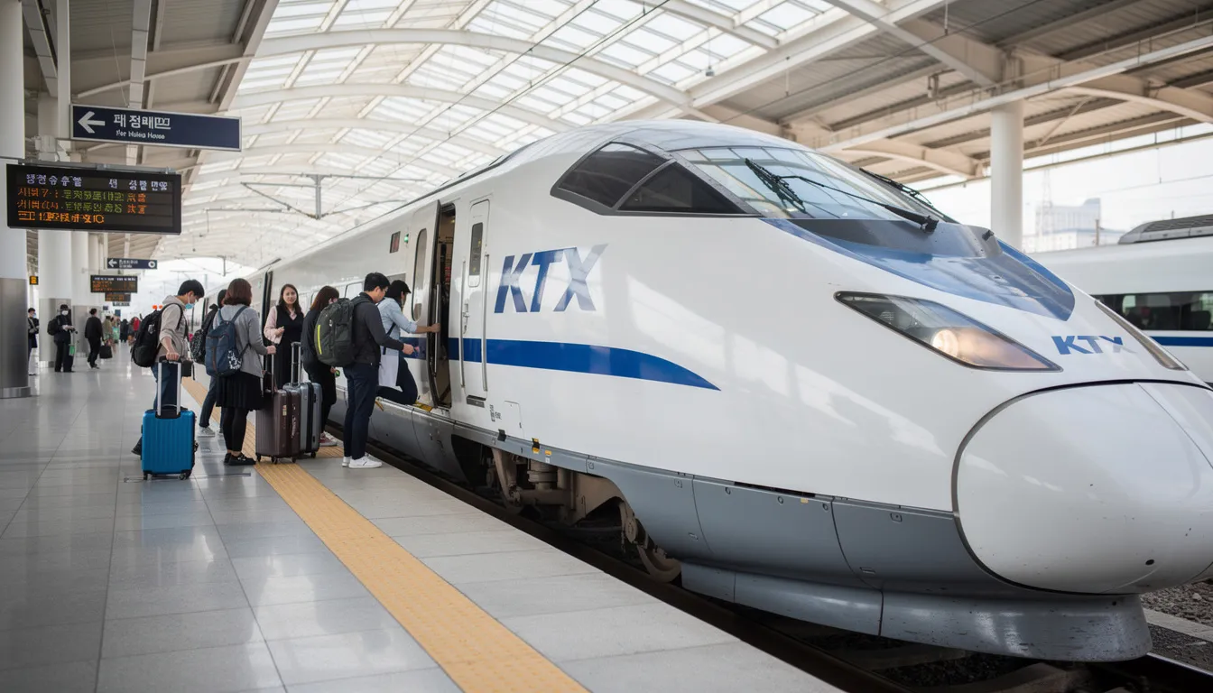 A modern white and blue KTX high-speed train is seen at a busy station platform in South Korea, with passengers boarding as they prepare for their journey across the Korean peninsula. The scene captures the essence of contemporary Korean transport, showcasing the efficiency and speed of travel in this vibrant country.
