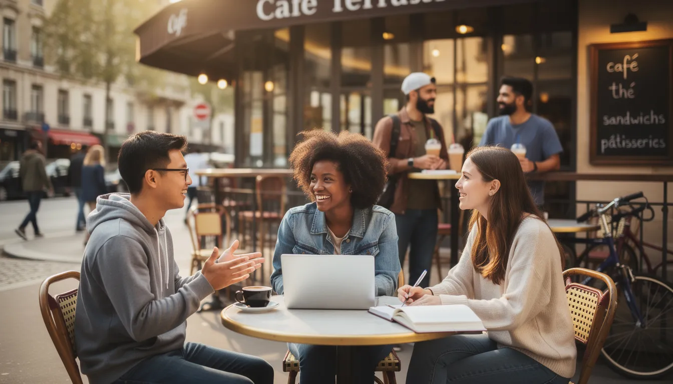 Un groupe d'étudiants internationaux discute joyeusement à la terrasse d'un café en Hongrie, échangeant sur leurs expériences d'études et la vie en Europe centrale. L'atmosphère est conviviale, reflétant la diversité culturelle et les opportunités offertes par les universités hongroises.