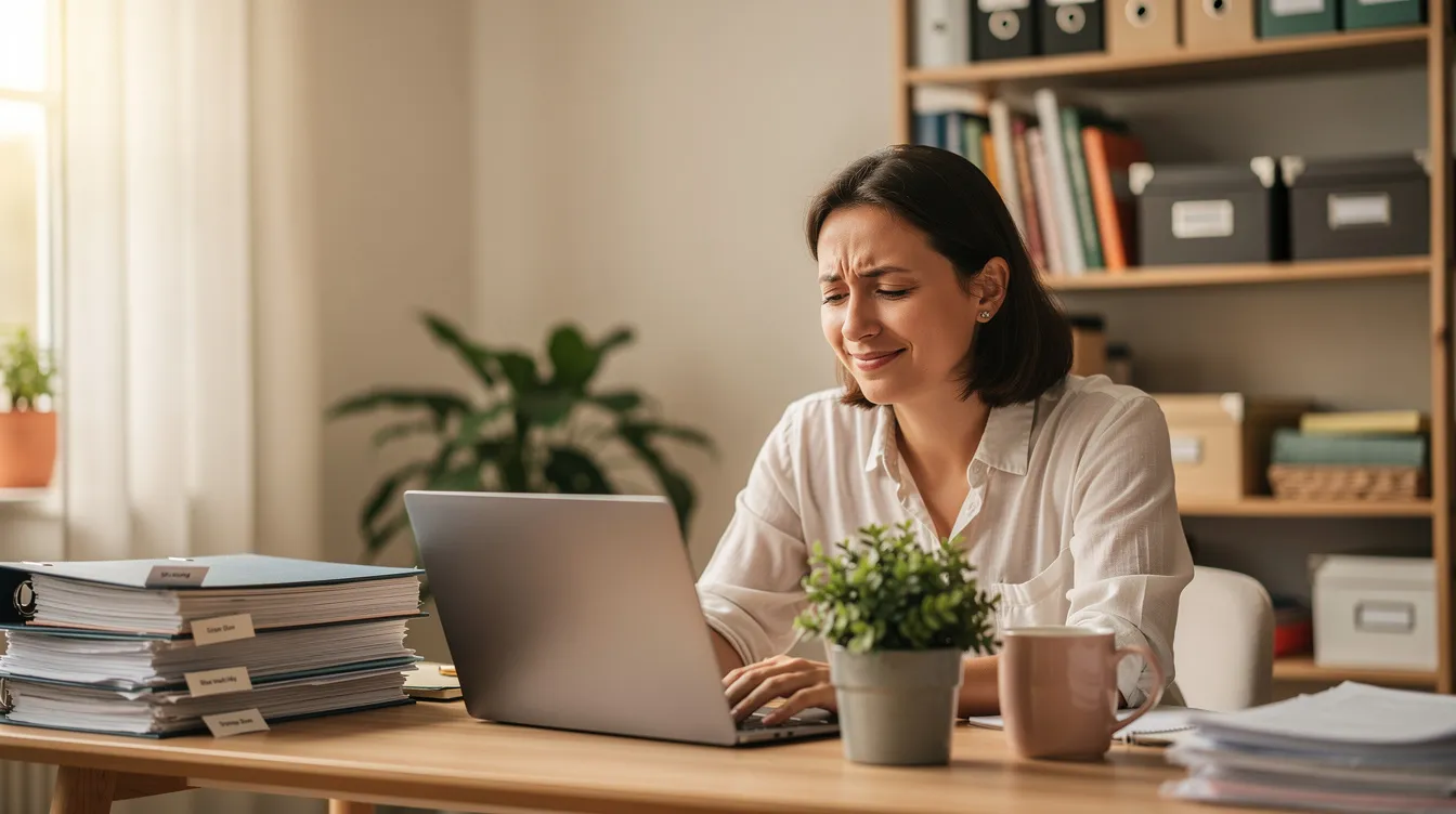 A person sitting comfortably at home is using a laptop, looking relieved and organized as they manage their finances. The scene conveys a sense of calm and productivity, possibly related to their private loan application with favorable terms from a bank.