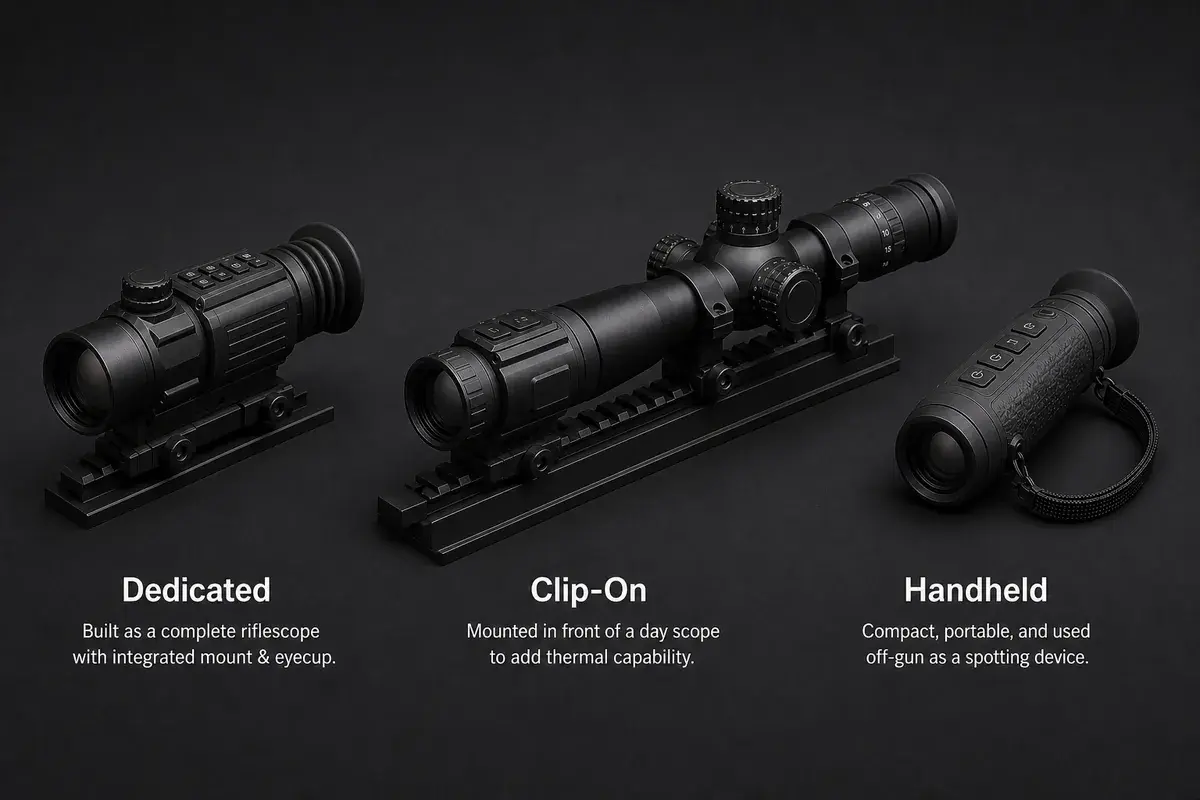 Thermal optics that cover dedicated rifle scopes, clip-on thermal rifle scopes, and handheld thermal optics