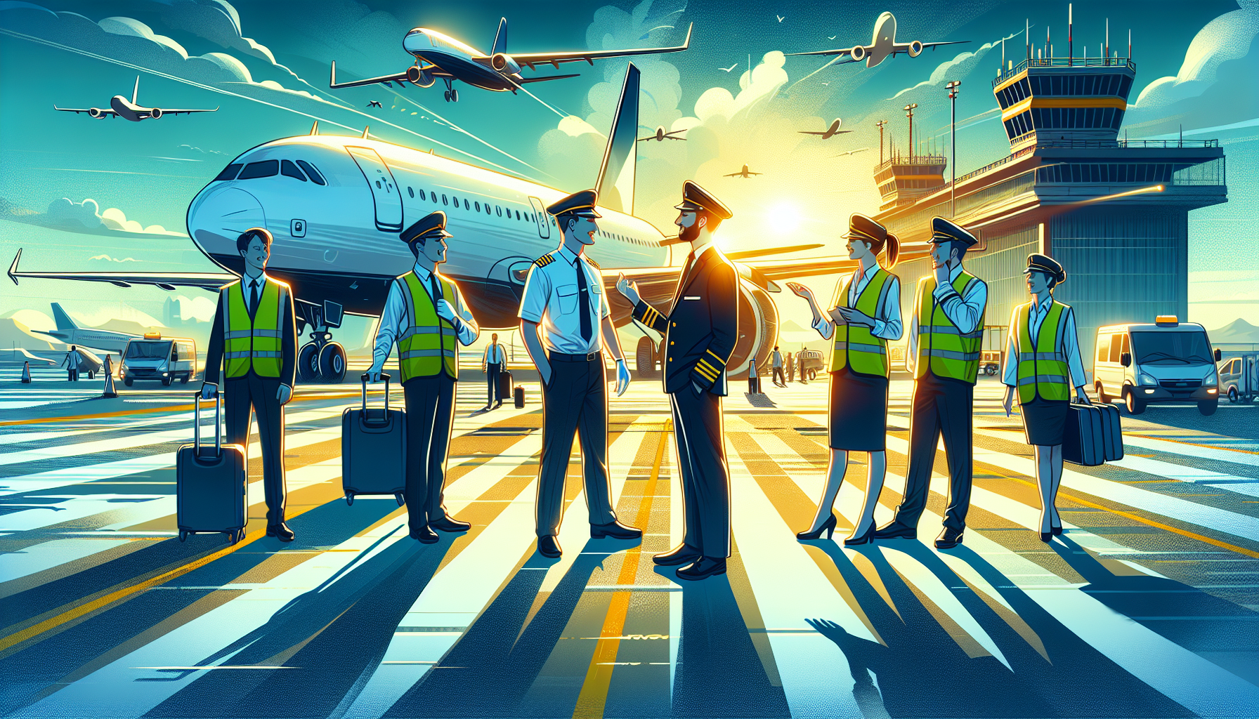 Illustration of commercial pilots collaborating with ground crew at an airport, commercial airline pilot