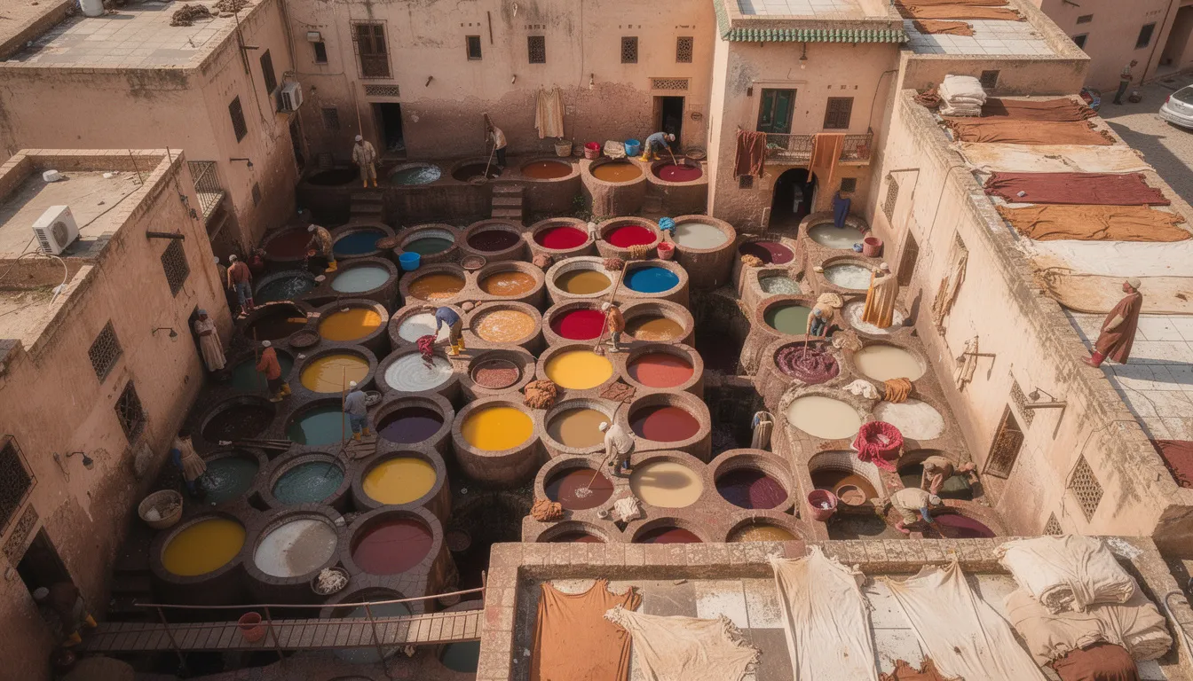 An aerial view captures the vibrant leather tanning vats in the Fez medina, where workers diligently move hides amid a colorful array of dyes. This scene showcases the traditional craftsmanship that visitors can explore on Morocco tours, offering an unforgettable experience of the country's rich culture.