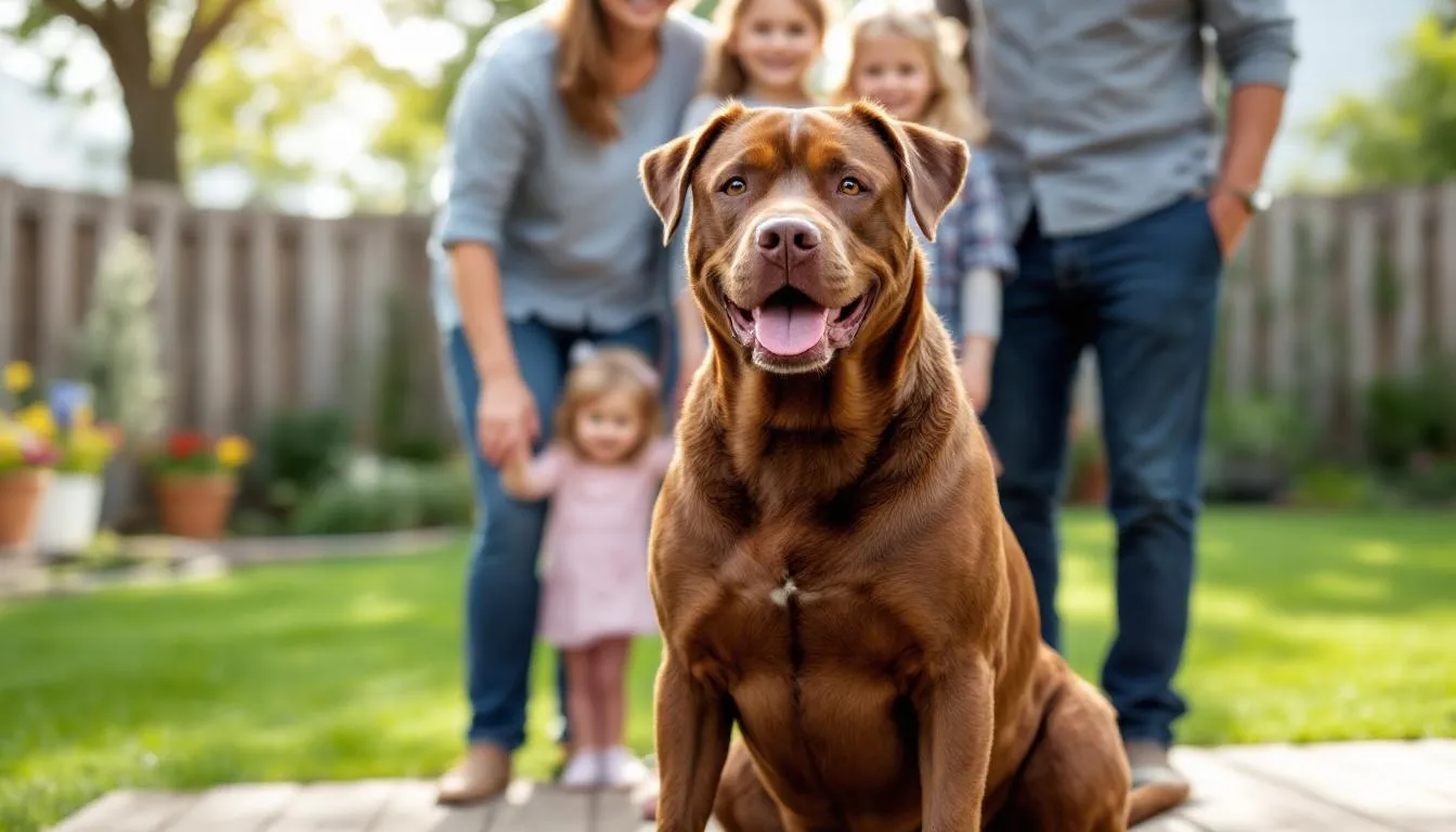 A proud brown dog of mixed breed sits happily with its family in a sunny backyard, showcasing its rich brown coat and playful personality as it enjoys the company of its furry family members. The scene captures the warmth and joy of pet lovers spending quality time with their beloved four-legged friend.