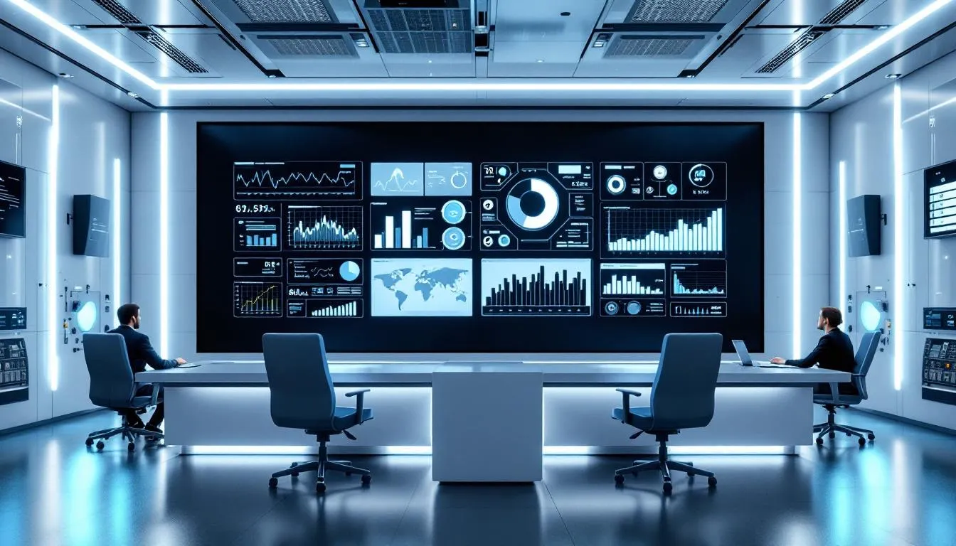 The image depicts an advanced control room filled with multiple monitors showcasing AI-powered manufacturing analytics and predictive maintenance dashboards. This high-tech environment highlights the integration of data-driven manufacturing and advanced analytics to enhance operational efficiency and decision-making in the manufacturing industry.
