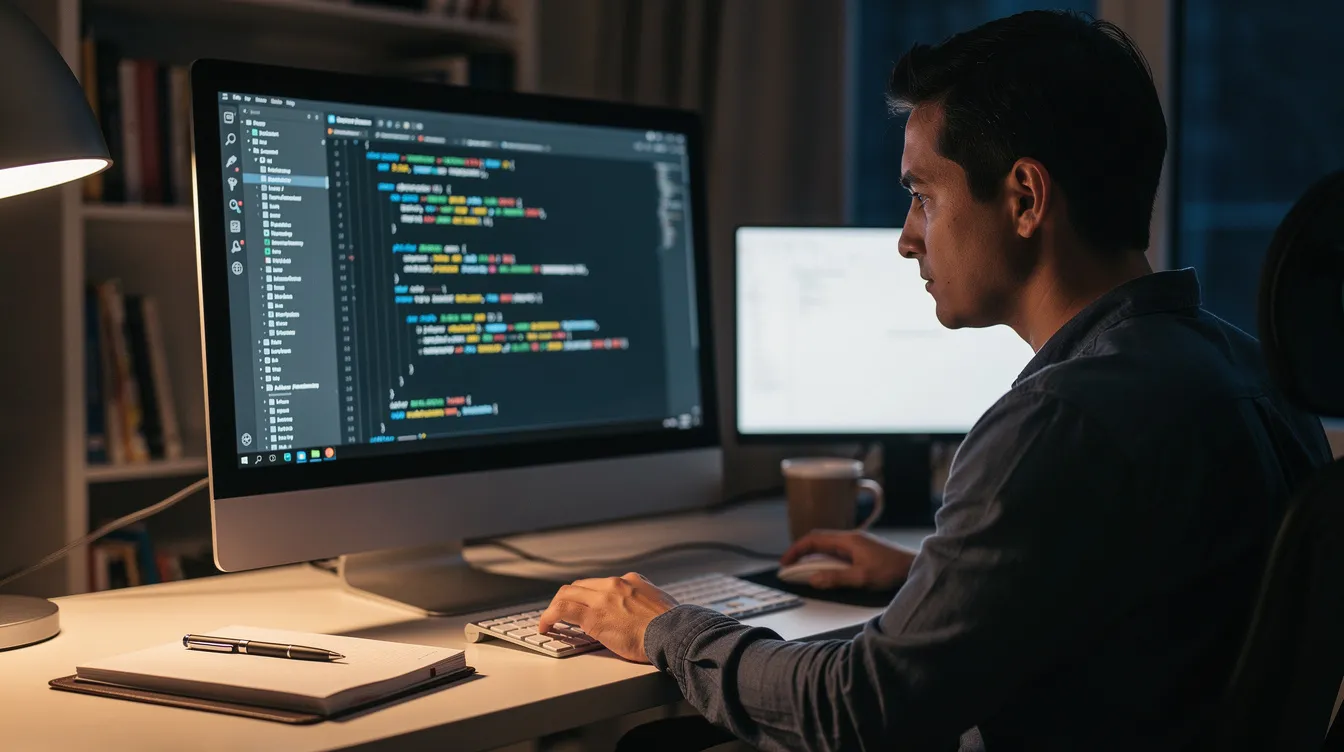 Une personne est assise devant un ordinateur, concentrée sur un écran affichant du code informatique. Cette scène illustre le domaine de l'informatique, essentiel pour les formations professionnelles en Tunisie, notamment dans les spécialités liées aux langages de programmation.