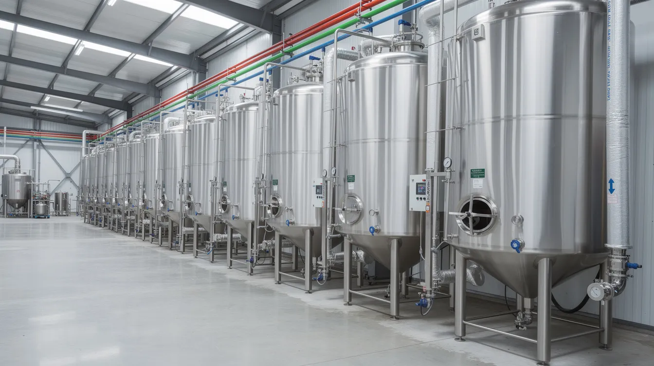 dea47d15 6a16 42bf 8f8a 3363b603c65b The image depicts a row of large stainless steel fermentation tanks inside an industrial ethanol production facility, showcasing the infrastructure essential for producing ethanol and supporting India's ethanol blending programme. These tanks are critical for the fermentation process, contributing to the facility's overall ethanol production capabilities and sustainability efforts.