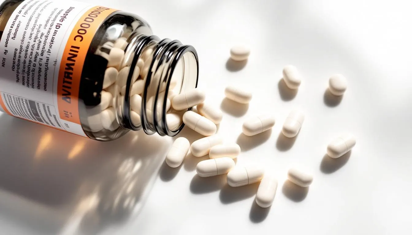 A clear white surface displays a supplement bottle with capsules spilled out, illuminated by natural light. This image highlights magnesium supplements, which are often used to support muscle relaxation, improve sleep quality, and maintain healthy magnesium levels in the body.