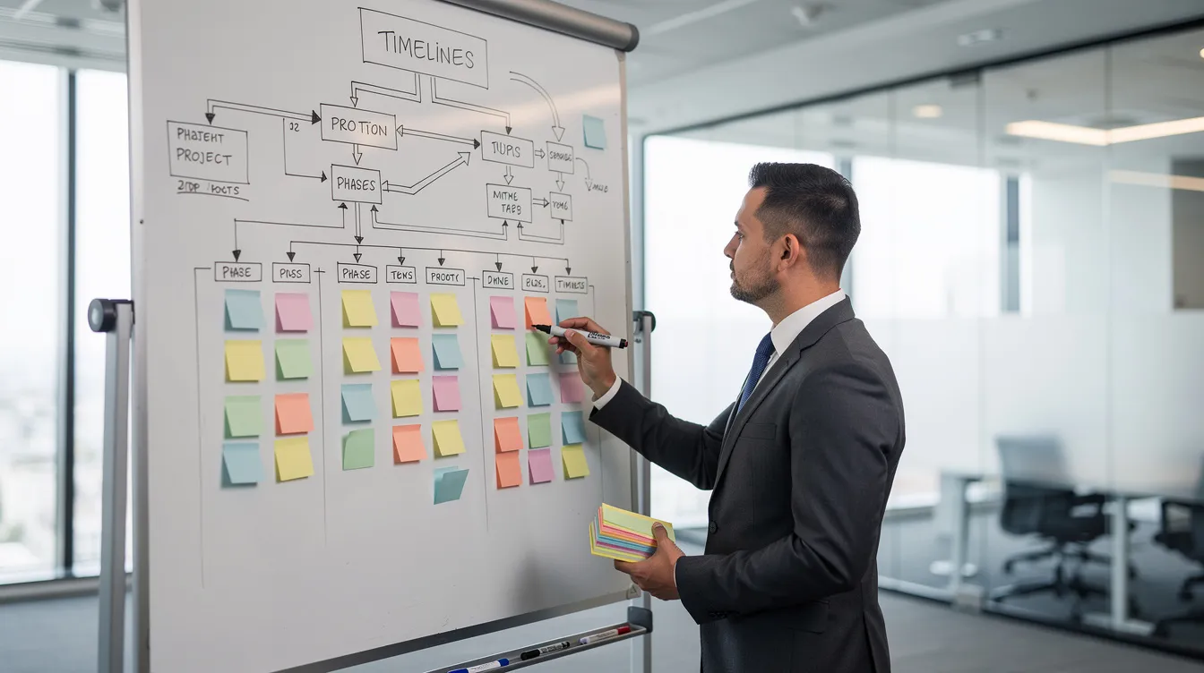 A professional is standing in front of a whiteboard, using sticky notes and diagrams to outline project phases and timelines, which may relate to learning management system consulting. This scene illustrates the collaborative effort involved in planning for effective training delivery and learner engagement within an organization. A professional is standing in front of a whiteboard, using sticky notes and diagrams to outline project phases and timelines, which may relate to learning management system consulting. This scene illustrates the collaborative effort involved in planning for effective training delivery and learner engagement within an organization.