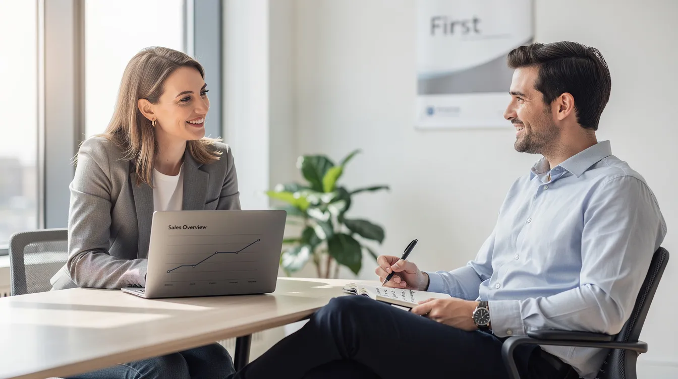 Un commercial engagé discute tranquillement avec un client dans une salle de réunion lumineuse, mettant en avant ses compétences en écoute active et en découverte des besoins. Cette interaction illustre l'importance de la relation client et des techniques de vente pour comprendre et répondre aux attentes des acheteurs.