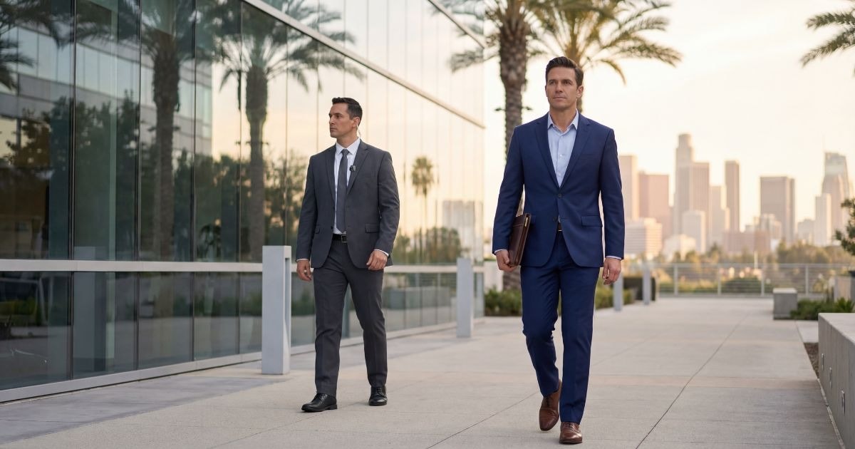 Professional security guard standing alert in a suit, representing discreet and reliable executive protection services in Southern California