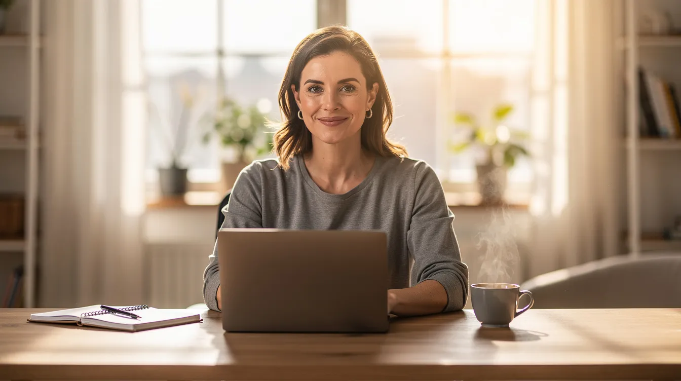 A confident woman sits at a desk with a laptop and a cup of coffee, illuminated by sunlight streaming through a window behind her. She embodies financial empowerment and stability, likely engaged in managing her personal finance and planning for her financial future.