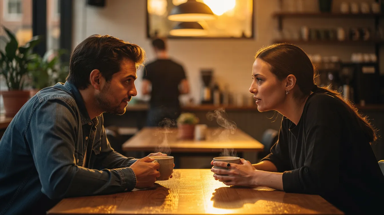 The image depicts two people engaged in a genuine conversation at a coffee shop, illuminated by warm lighting, with focused expressions that suggest a deep emotional connection. This moment highlights the importance of healthy communication and quality time in fostering a thriving relationship.