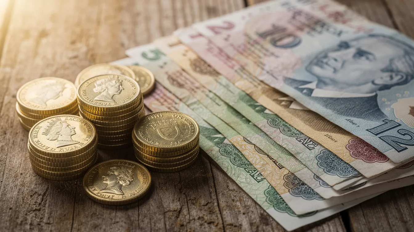 The image shows British pound coins and Turkish lira banknotes laid out side by side on a wooden table, symbolizing the concept of currency exchange and the various ways to send money to Turkey. This visual representation highlights the differences in money and the importance of competitive exchange rates for international money transfers.