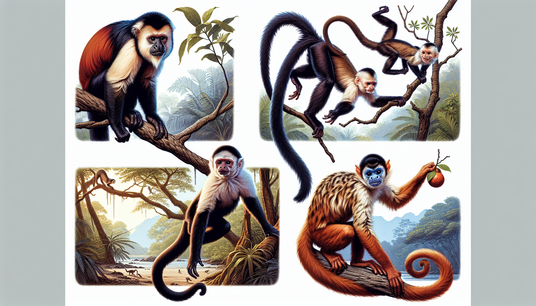 Illustration of four monkey species in Costa Rica
