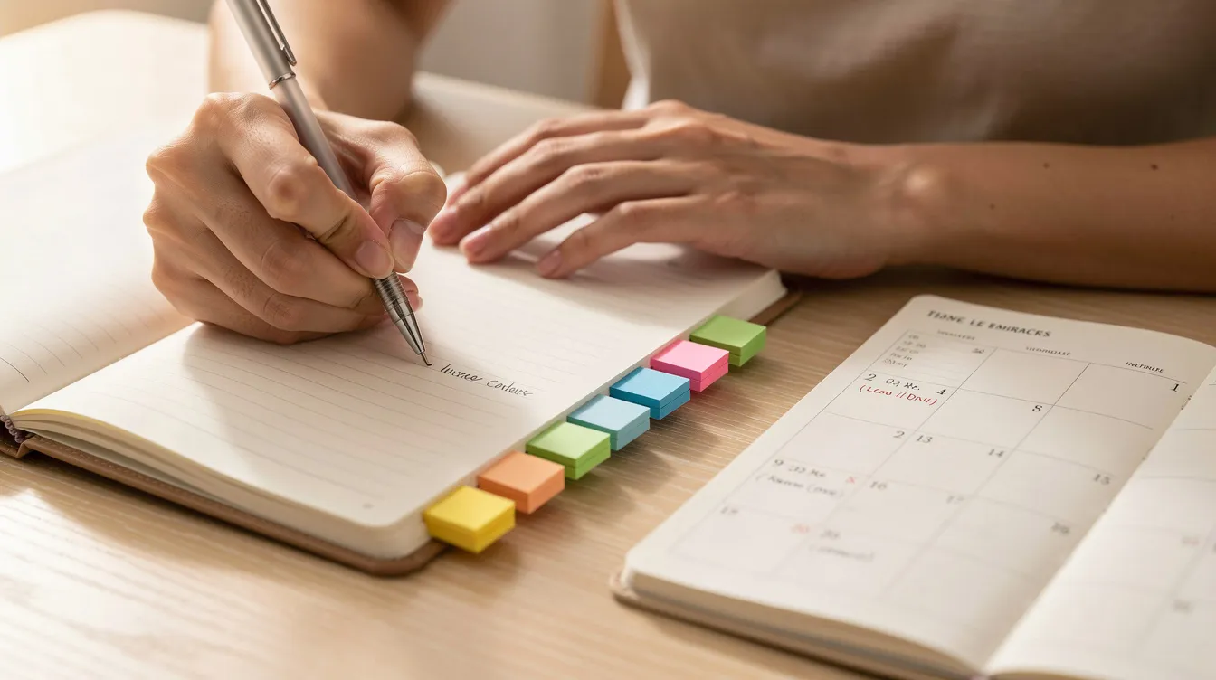 Een paar handen schrijven in een werkboek met gekleurde tabs, terwijl een planner ernaast ligt. Dit beeld straalt een gevoel van strategische planning en persoonlijke groei uit, perfect voor managers en ondernemers die willen investeren in hun ontwikkeling en leiderschap.