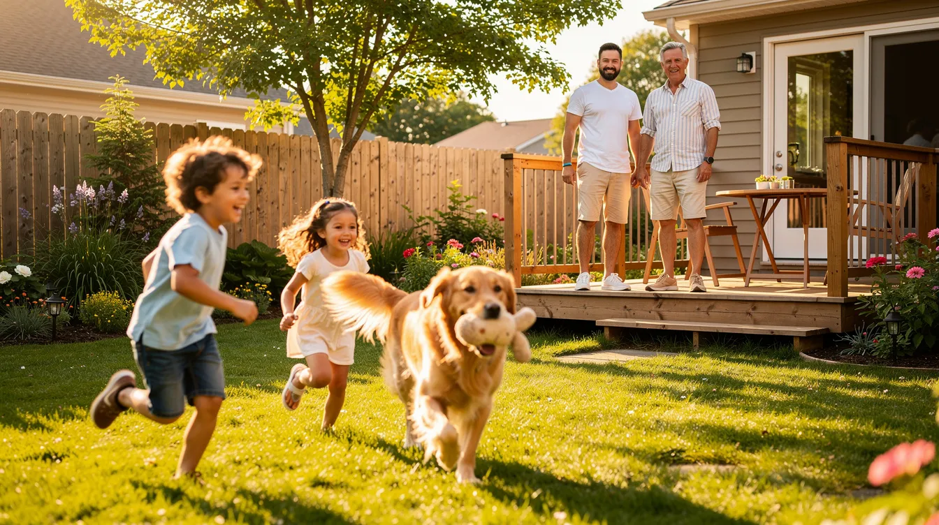 A joyful family is playing with a golden retriever, a popular pet and one of the many domestic dog breeds, in their backyard. Children are running and laughing, creating a lively atmosphere filled with happiness and companionship.