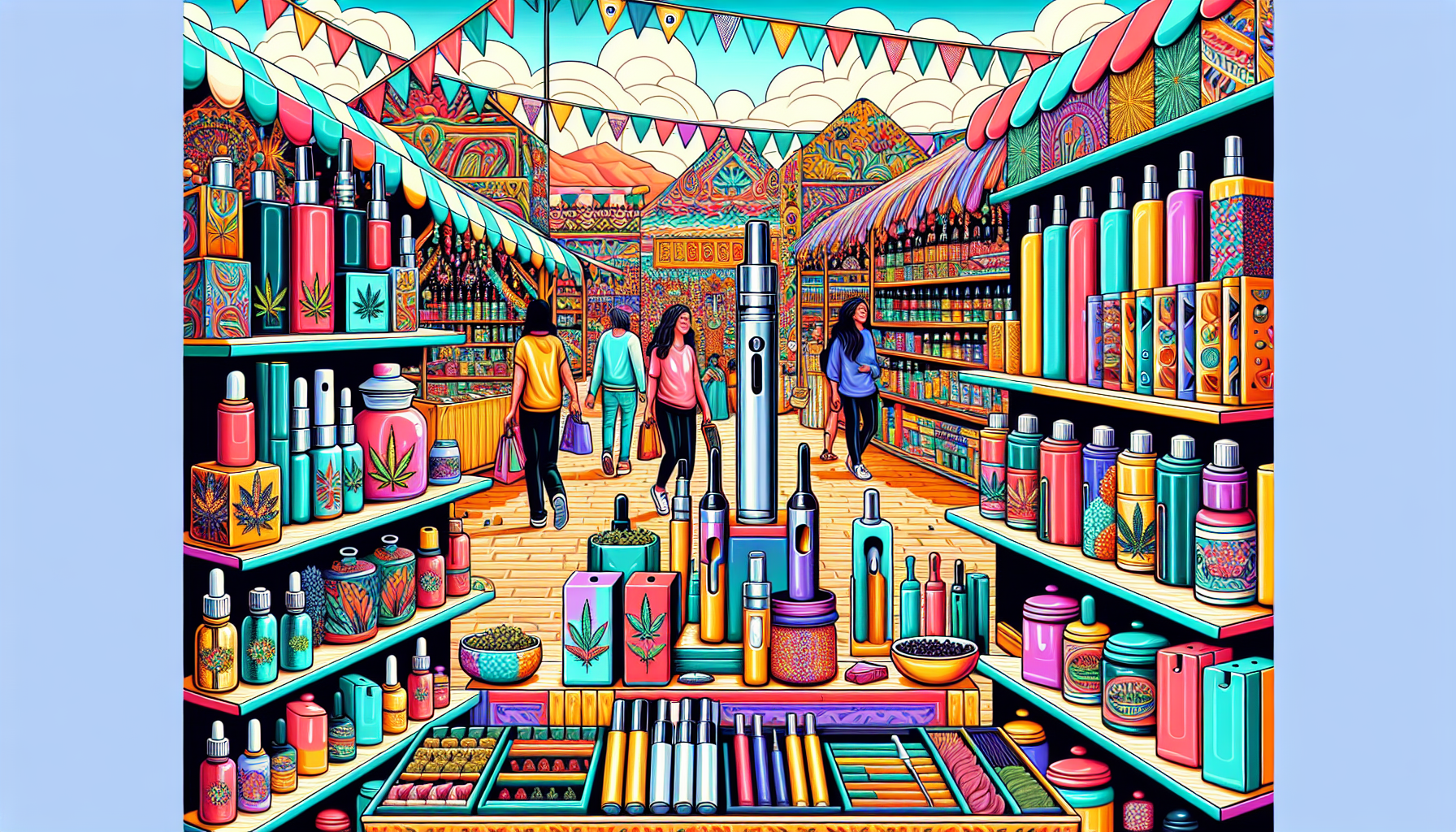 A stylized representation of various cannabis products offered for sale.