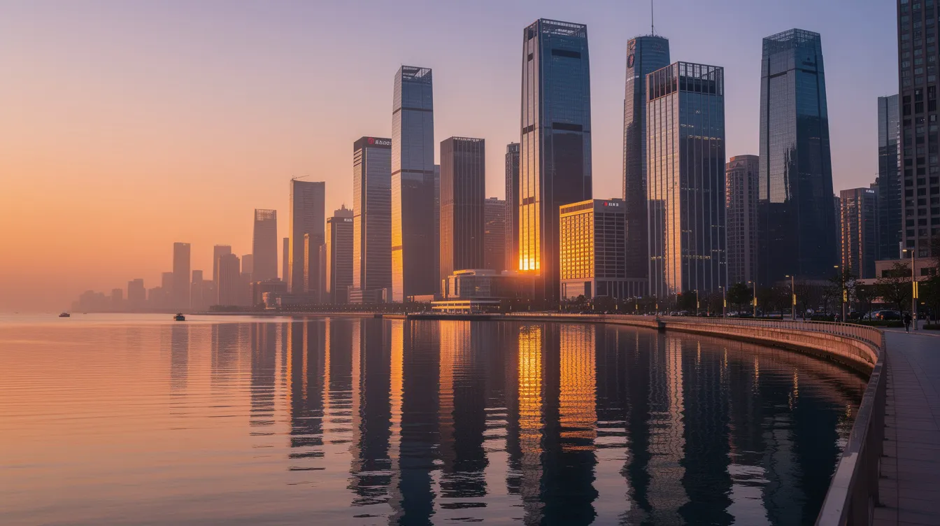The image depicts a modern city skyline at sunset, with sleek waterfront buildings beautifully reflecting in the calm water, showcasing vibrant colors of the sky. This scene captures the essence of urban life, where businesses thrive and trademarks are vital for protecting brands in a competitive market.