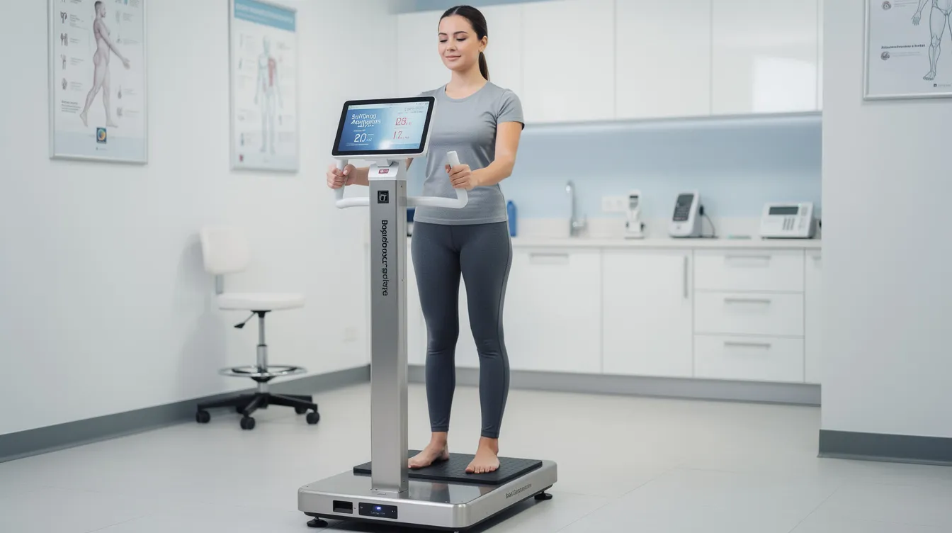 A person is stepping onto a body composition analysis machine in a clinical setting, where healthcare professionals assess various aspects of physical health, including body fat percentage and muscle mass. This analysis can provide valuable insights into metabolic health and support overall well-being, aligning with principles from Andrew Huberman&rsquo;s longevity protocol.