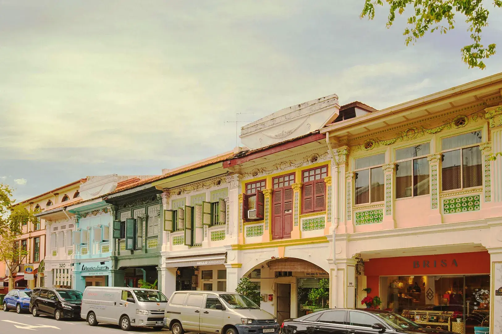 Vibrant heritage shophouses in Singapore’s cultural district with pastel façades and ornate architectural details.
