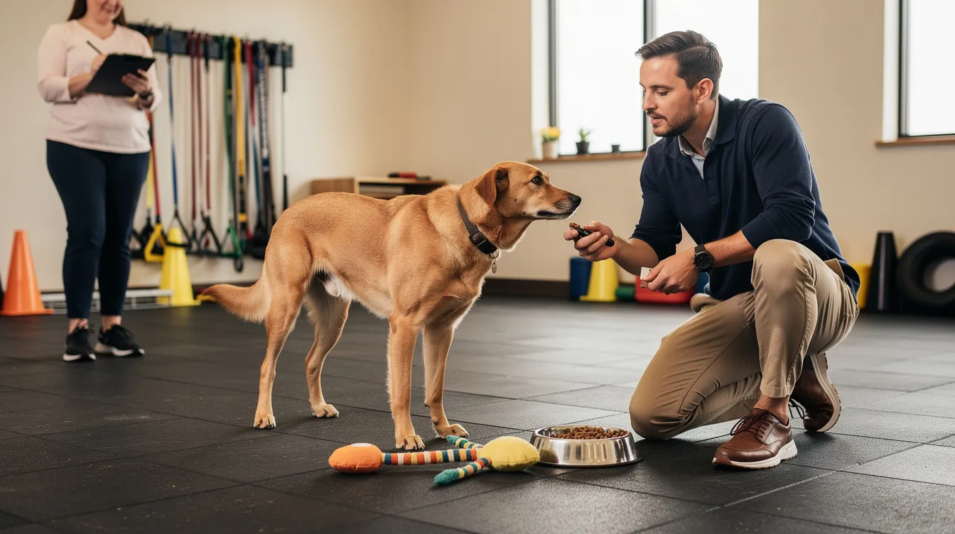 The image depicts a professional dog trainer observing a dog displaying guarding behavior over a high-value treat, illustrating the concept of resource guarding in dogs. The trainer is attentively assessing the dog's body language and environment, emphasizing the importance of behavior modification and management strategies for addressing resource guarding issues.