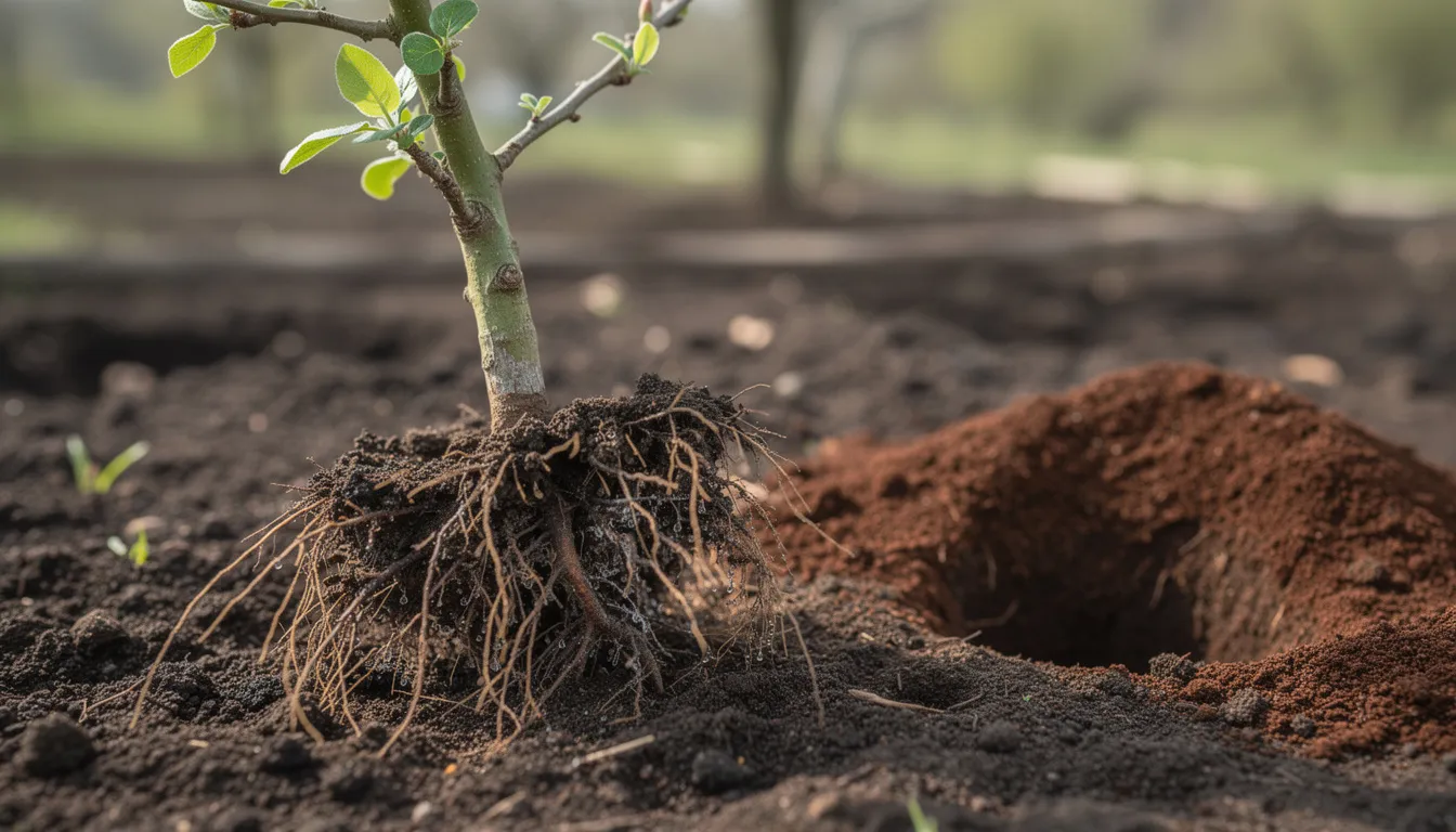 Na zdjęciu znajduje się młode drzewko pigwy z widocznym systemem korzeniowym, gotowe do sadzenia. Roślina ta, znana z aromatycznych owoców, ma płytki system korzeniowy, co ułatwia jej adaptację w przydomowych ogrodach.