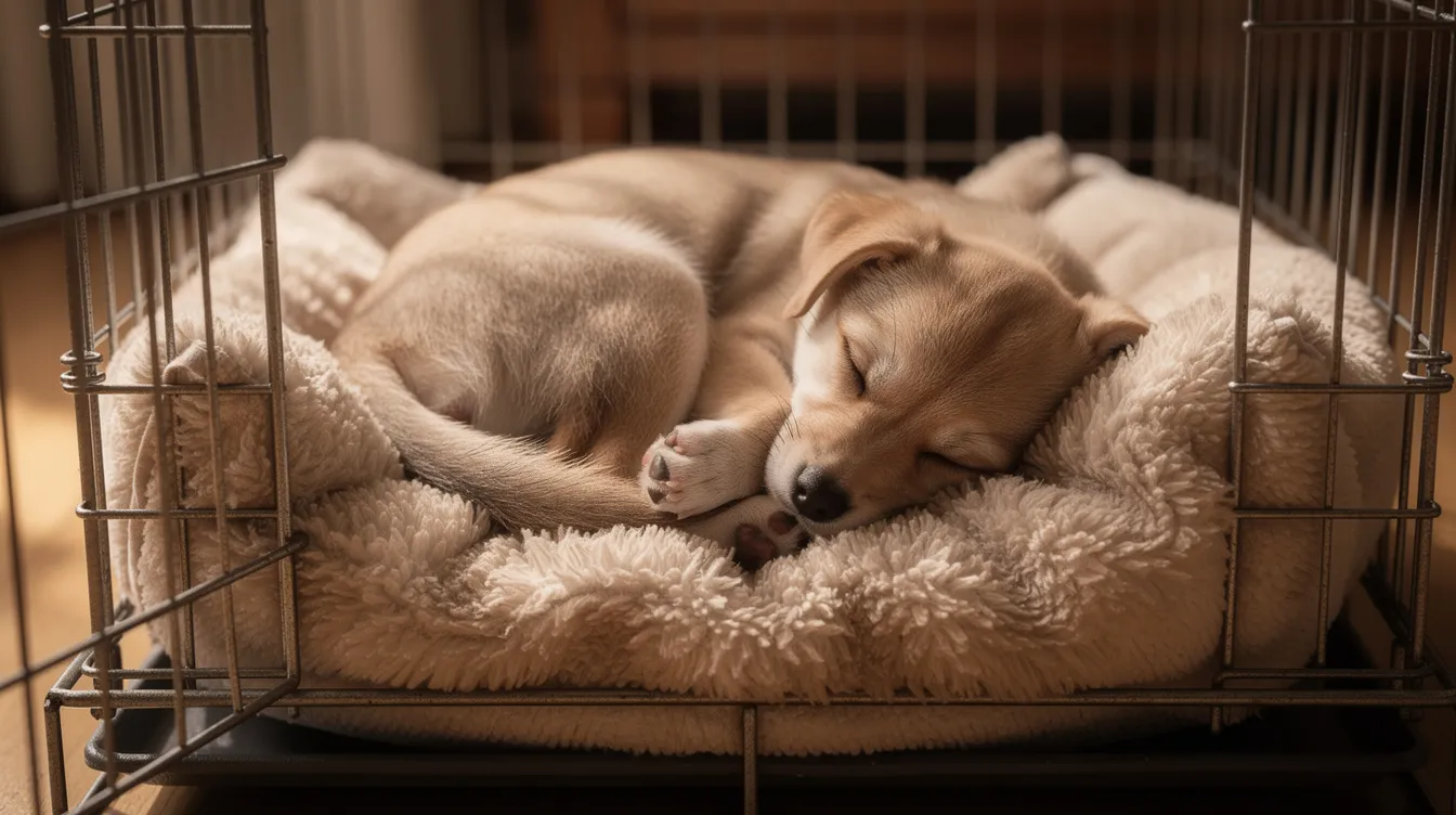 A peaceful puppy is sleeping in a cozy crate, snuggled up with a soft blanket, embodying the tranquility of a new puppy in its warm, safe puppy home. This adorable pup showcases the charm of young dogs, making it a perfect example of a healthy pup in its new surroundings.