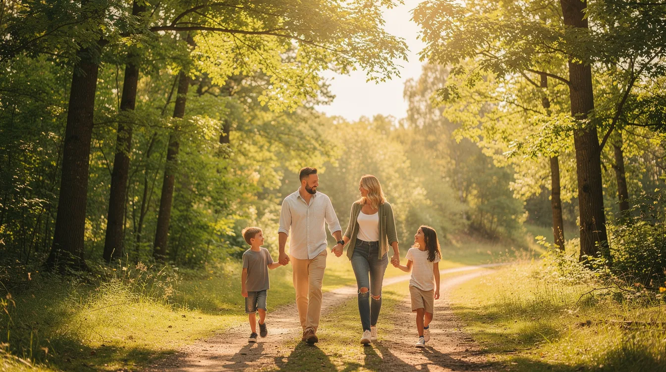 A family of four is walking together on a serene nature trail, surrounded by lush green trees and warm sunlight filtering through the leaves. This peaceful scene emphasizes the importance of emotional well-being and support among loved ones, which can be crucial for those struggling with mental health issues like self-harm or emotional distress.