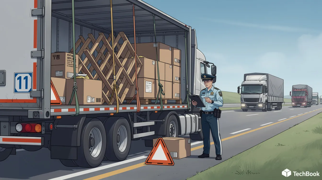 What Happens If Your Truck Fails Roadcheck: The image depicts a visual representation of cargo securement violations and penalties, featuring various types of commercial vehicles. In the lower right corner, the TechsBook logo is displayed, indicating a focus on compliance and safety within the commercial vehicle industry, particularly related to roadside inspections and cargo securement regulations.