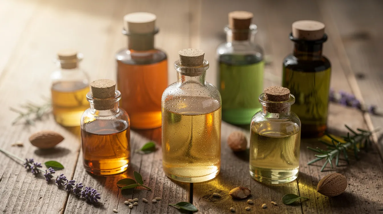 The image features various bottles of natural hair oils, including coconut oil, argan oil, and jojoba oil, neatly arranged on a wooden surface. These oils are ideal for different hair types, helping to control frizz and enhance shine for healthy-looking hair.