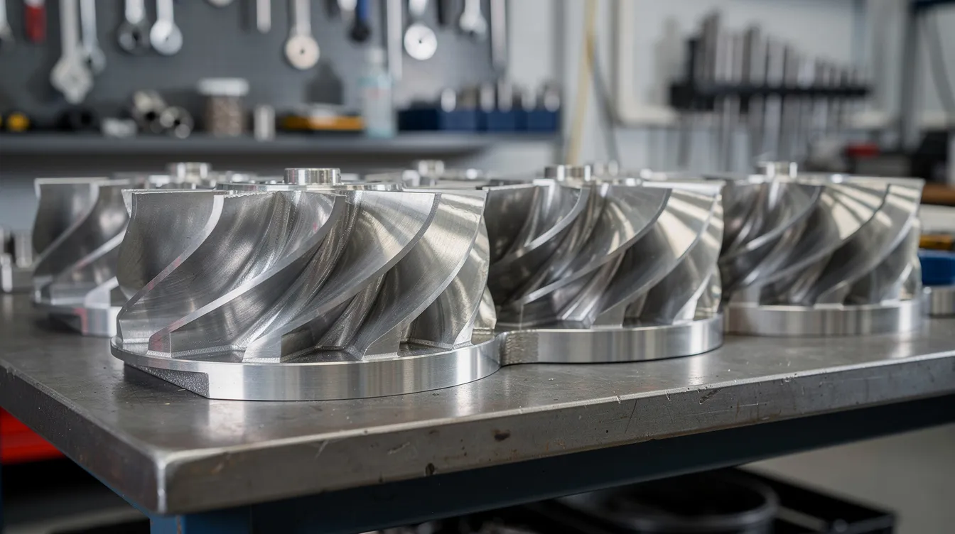 The image depicts precision-machined aerospace turbine blade components neatly arranged on a workbench, illuminated by workshop lighting, showcasing the intricate details and tight tolerances achieved through advanced CNC technology. These components highlight the importance of computer numerical control in the manufacturing process, emphasizing modern machining techniques and the role of CNC machines in producing high-quality structural components.