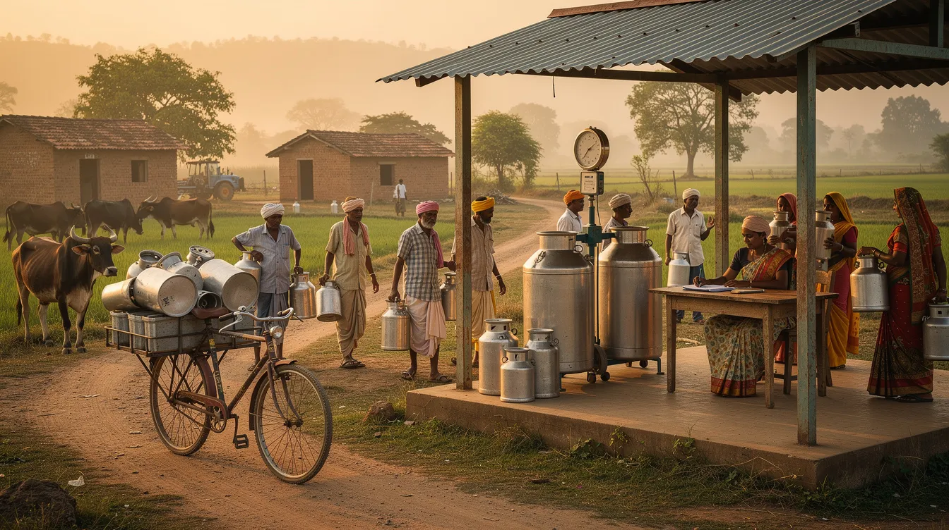 dec1173d ad1c 4700 8859 ab3a857f0f50 The image depicts a rural milk collection scene where farmers are transporting milk cans to a village collection center, highlighting the essential role of dairy farming in local communities. This gathering emphasizes clean milk production and the importance of milk producers in the milk processing industry.
