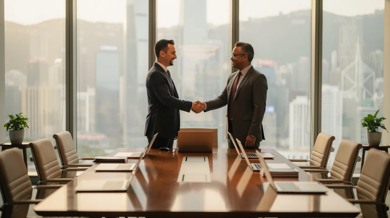 The image depicts a calm and professional meeting room in Hong Kong, featuring two individuals engaged in a handshake, symbolizing a successful agreement or partnership. The setting conveys a sense of trust and collaboration, essential for discussions related to financial solutions and清 數.