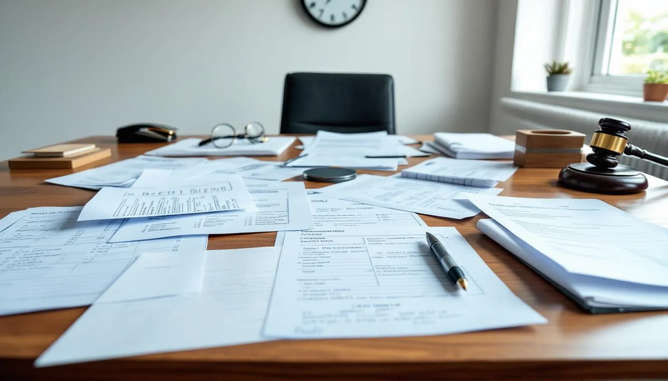 How to Hire an Attorney When Injured at Buffalo Gap Wind Farm 3 The image depicts a cluttered desk filled with medical documentation and legal files, highlighting the essential paperwork involved in personal injury cases. This scene suggests the importance of seeking medical attention and hiring an attorney to navigate the complexities of liability and compensation after an accident.