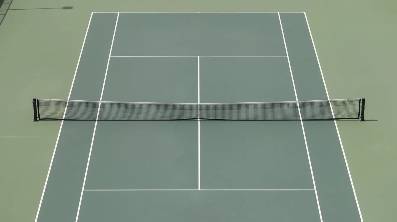 An overhead view of an empty tennis court showcases the clearly marked center service line, baseline, and net, providing a clear layout for a tennis match. This image highlights the essential elements of the court where players keep score and win games, emphasizing the strategic nature of tennis scoring.