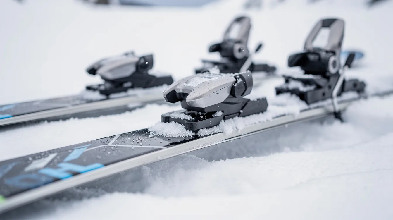 Eine Nahaufnahme von Skiern mit Bindung, die im frischen Schnee liegen, zeigt die Details der Skiausrüstung. Die Bindung ist gut sichtbar und umgeben von einer glitzernden Schneedecke, die die Freude am Skifahren und die Vorfreude auf den Skiurlaub widerspiegelt.