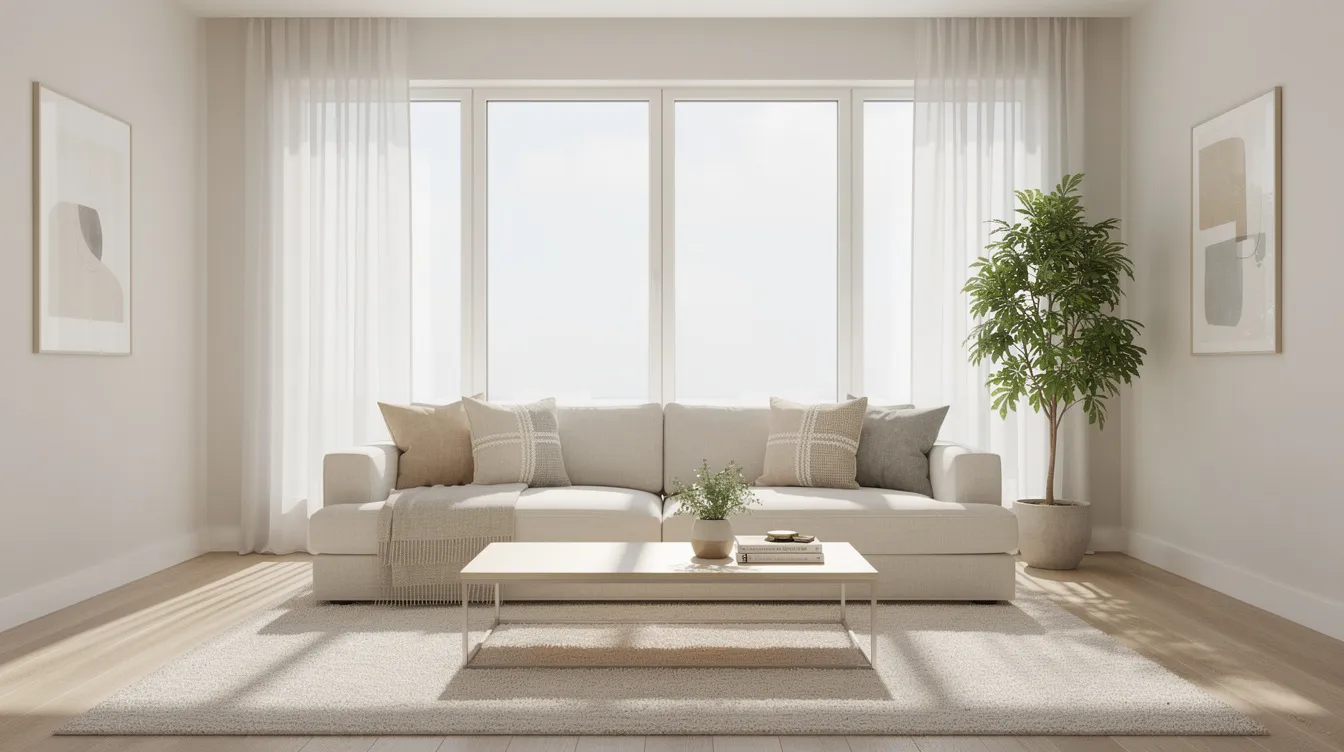 The image depicts a professionally staged living room featuring neutral colors and a clean sofa adorned with throw pillows, illuminated by natural light streaming through large windows. This inviting space is designed to attract potential buyers and help them envision the home's aesthetic appeal, making it an ideal setting for a successful sale in the local market.