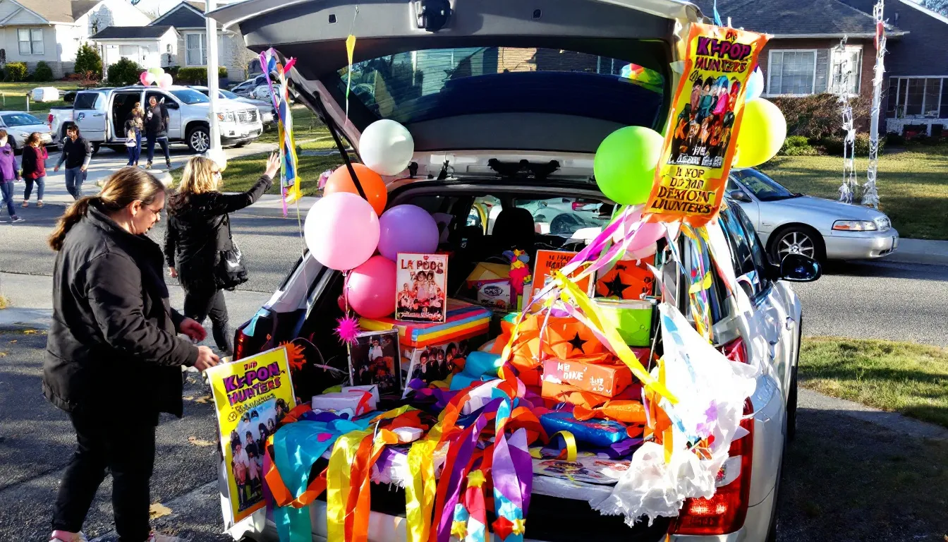 The image features a car with its trunk open, beautifully decorated for a KPop Demon Hunters for trick or treaters, can't go wrong if you shop early