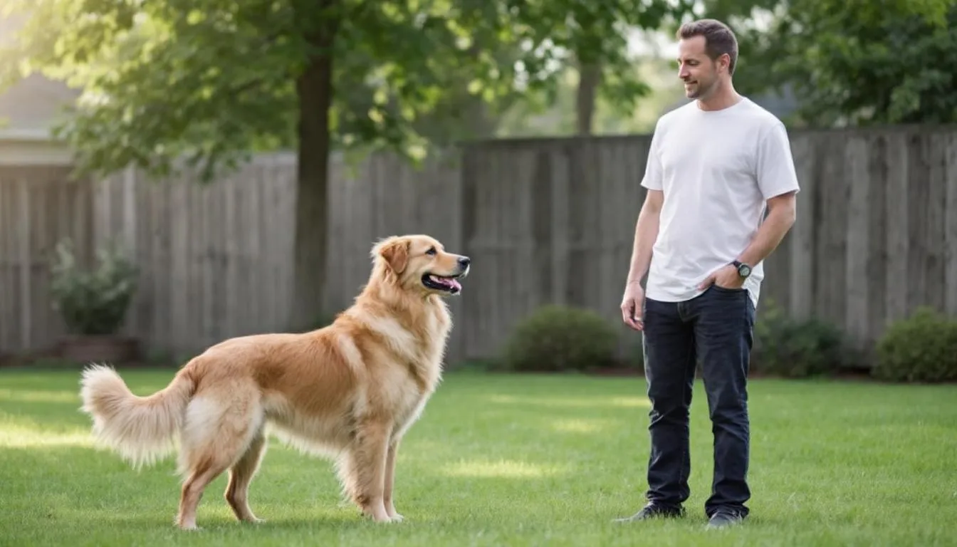 In the image, a calm dog owner observes their pet, who is exhibiting alert behavior while staring intently at an unseen presence, suggesting the dog
