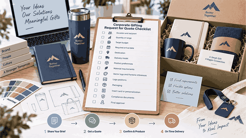 Corporate gifting request for quote checklist showing branded gift options, budget, customization, packaging, approval, and delivery requirements.