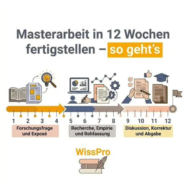 Infografik mit 12-Wochen-Plan zum Schreiben einer Masterarbeit mit Forschungsfrage, Recherche, Rohfassung und Abgabe