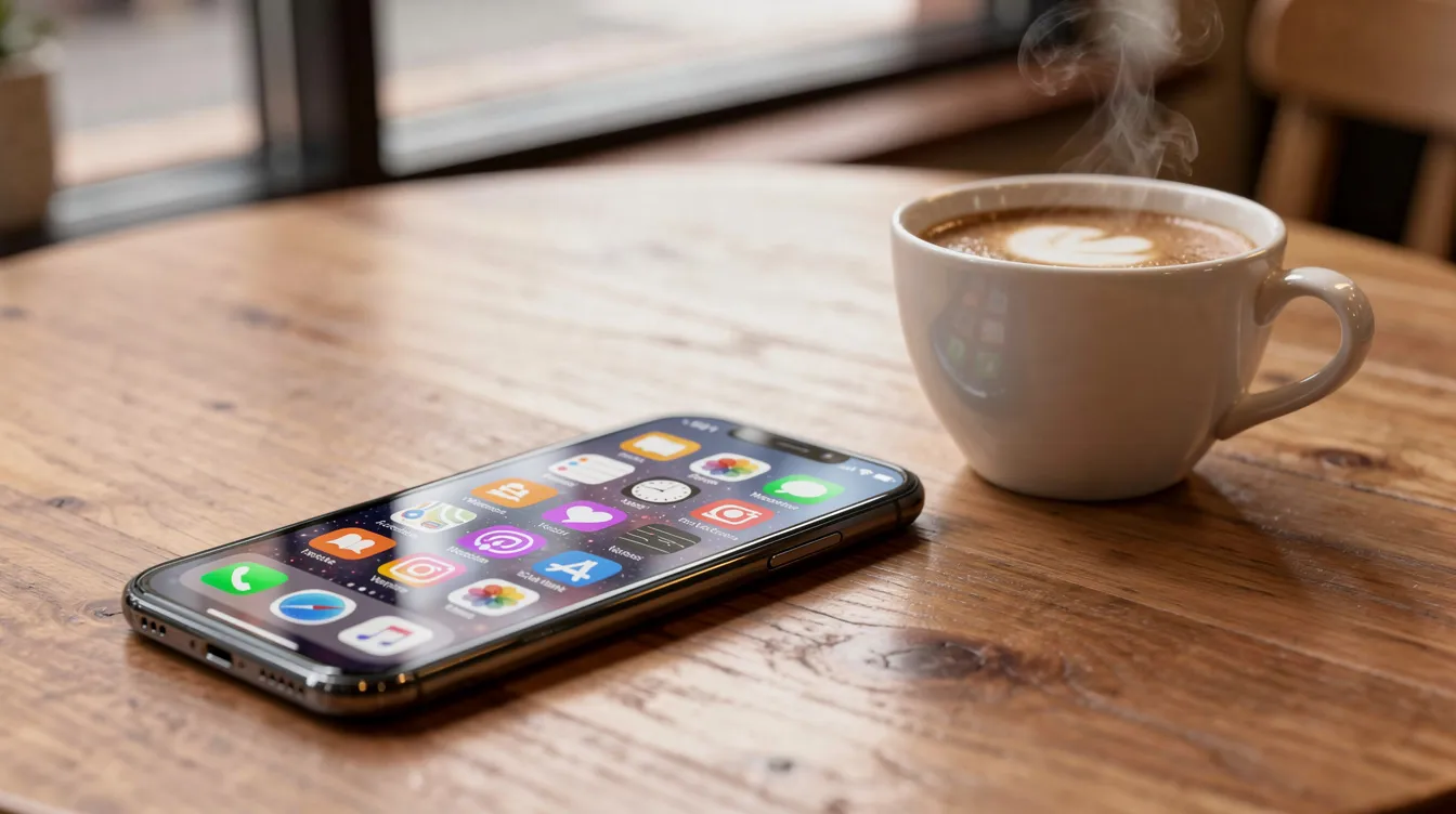 A smartphone sits on a table next to a coffee cup, displaying various social media app icons, symbolizing everyday life and the connections we maintain, even after a breakup. This image reflects the balance between past memories and moving forward into new relationships and friendships.