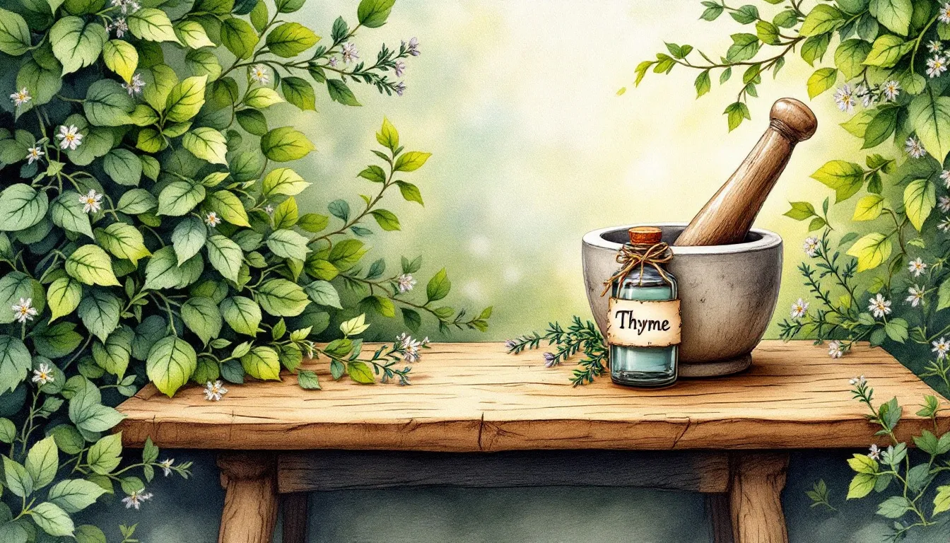 10 Health Benefits of Thyme: Nutrition, Uses, and Tips 2 A vibrant display of thyme leaves and thyme essential oil, showcasing the nutritional power of thyme.