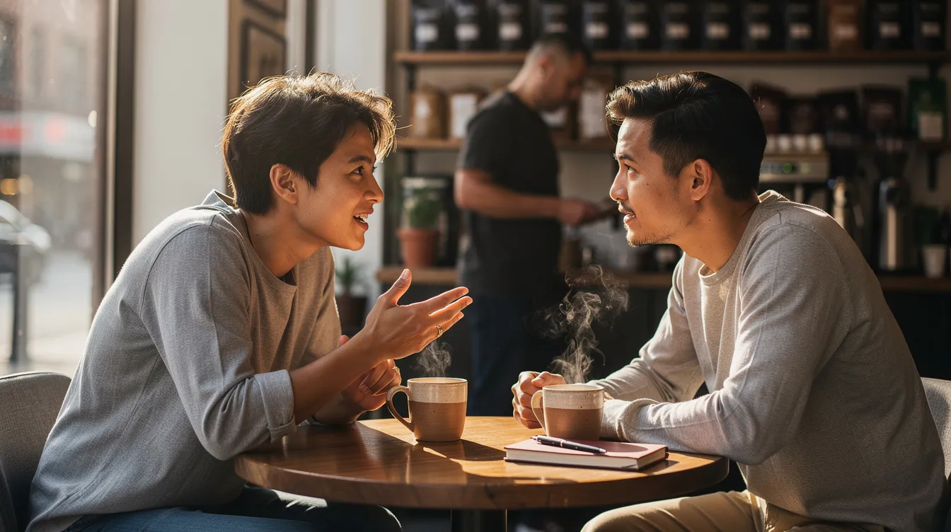 Two people are engaged in a deep conversation at a coffee shop, leaning in closely to share their thoughts and experiences about past relationships and what they seek in a meaningful relationship. Their attentive body language reflects mutual understanding and a desire to connect on a deeper level, highlighting the importance of open communication and emotional readiness in the dating world.
