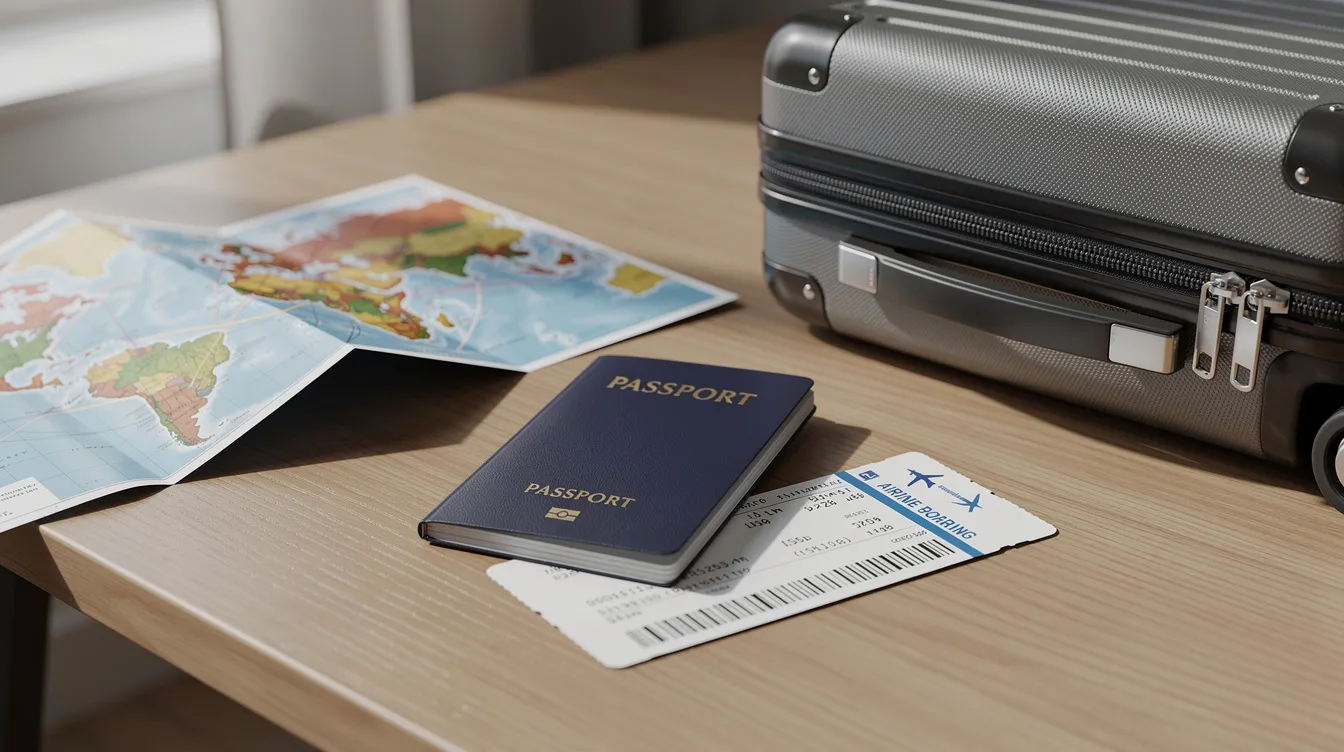 A valid passport and boarding pass are placed on top of a small carry-on suitcase, alongside a world map, symbolizing travel and adventure. This arrangement highlights essential travel documents for a visitor, emphasizing the importance of having the right visa and understanding entry requirements for various countries.