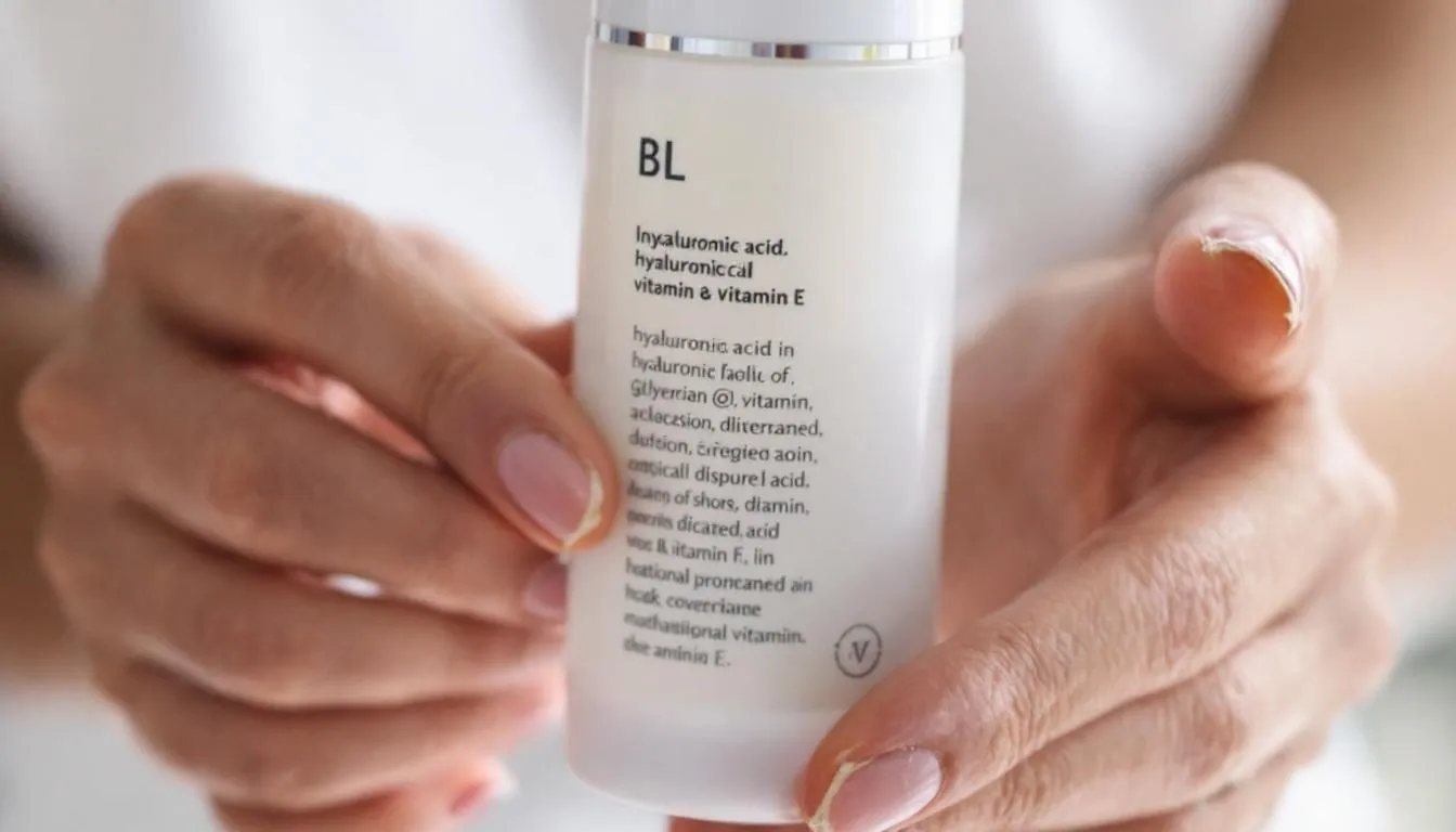 Close-up of hands reading a skincare product label, highlighting key ingredients like hyaluronic acid, glycolic acid, and vitamins. This shows how understanding ingredients helps build routines that work, especially for sensitive or dry skin.
