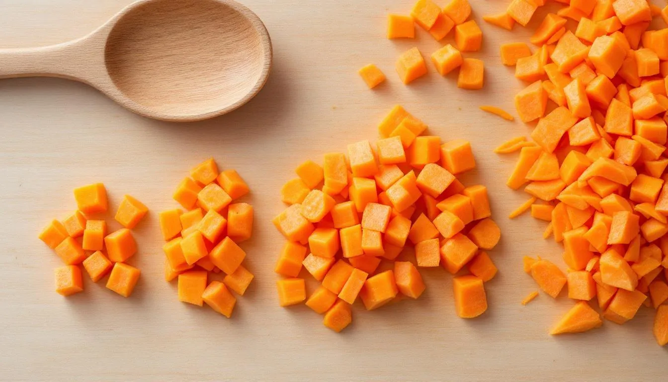 Na obrazku przedstawione są różne sposoby krojenia marchewki dla psów, ukazujące mniejsze kawałki surowej marchewki oraz gotowanej, które są odpowiednie dla psów różnych rozmiarów. Warto pamiętać, że marchewka może być zdrową przekąską w diecie psa, dostarczającą witamin i składników odżywczych.