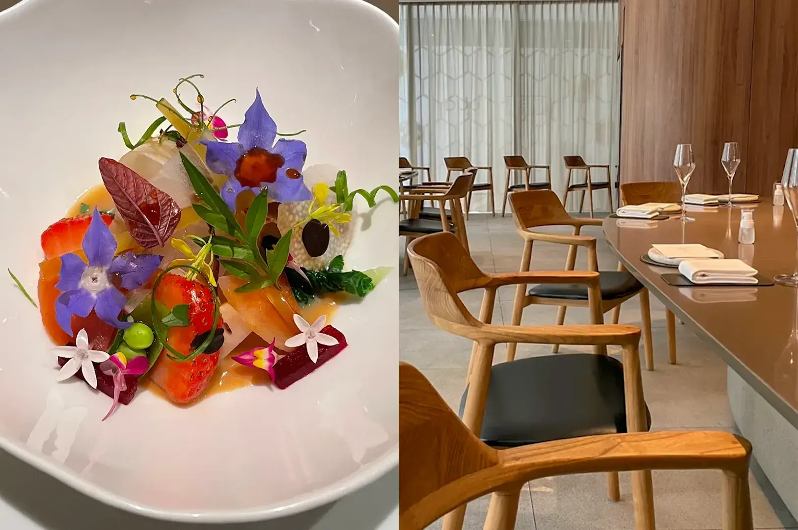 A beautifully plated fine dining dish with edible flowers and fruit, served at Seroja (Bugis) in a modern restaurant setting.