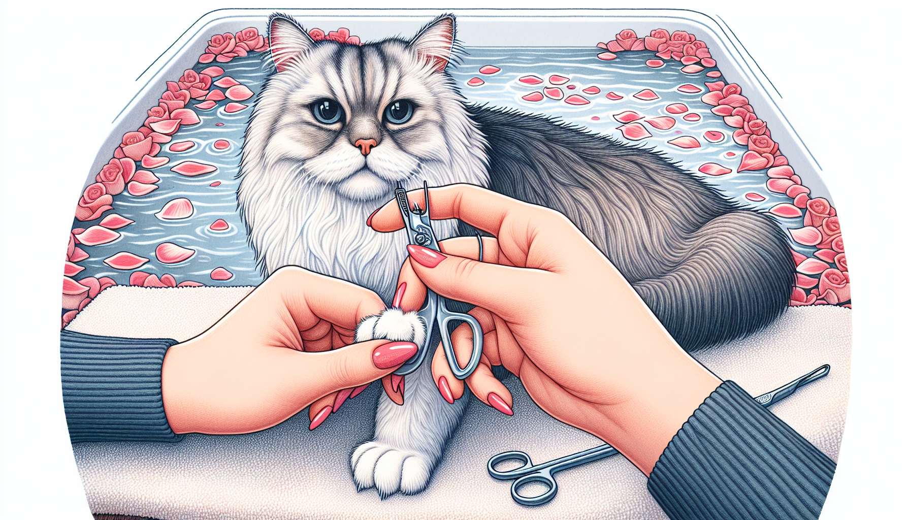 Illustration of a person trimming a cat's nails