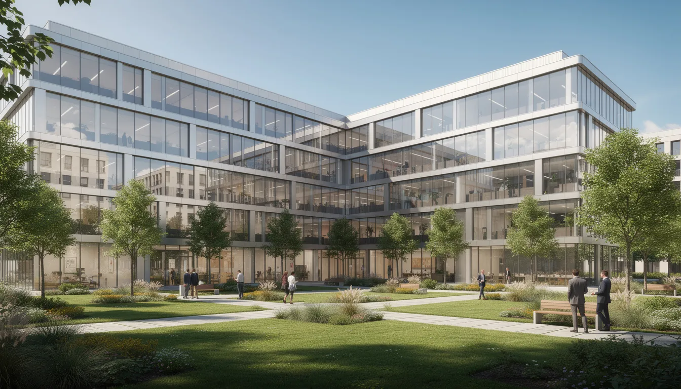 Nowoczesny kompleks biurowy z przeszklonymi fasadami otoczony jest zielonym dziedzińcem, tworzącym przyjemne miejsce pracy w sercu Warszawy. Taki obiekt może być interesującą propozycją dla agencji nieruchomości, oferującej wynajem lokali usługowych w dzielnicy Wola.